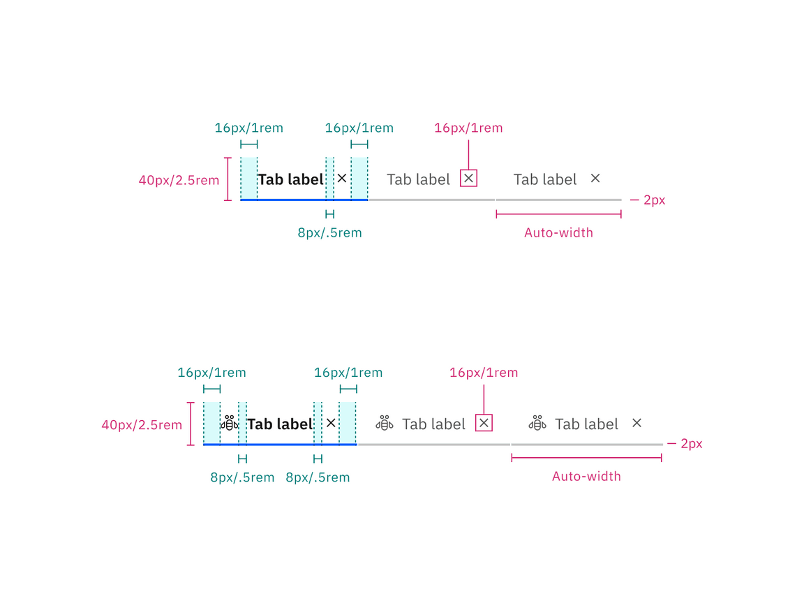 Structure and spacing measurements for dismissible line tabs without icons (top) and with icons (bottom).